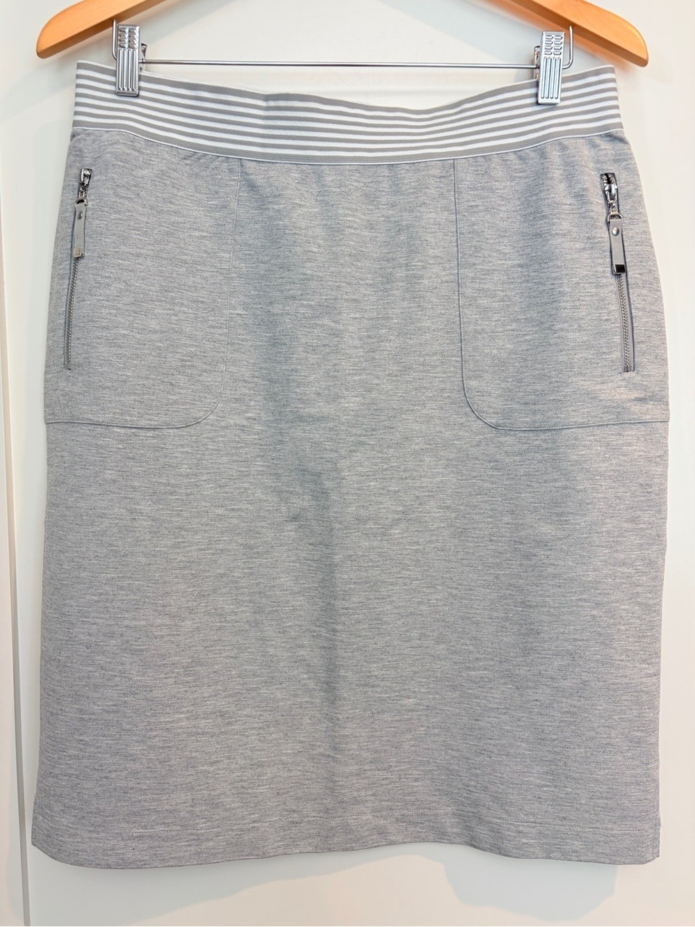 Olsen Grey Knit Pencil Skirt Striped Waistband & Zip Pockets | Size 42 (US 12)